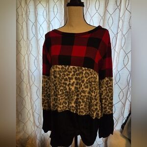 Cream and Sugar Brand Long Sleeve Red and Black Plaid With Leopard Print Top XL